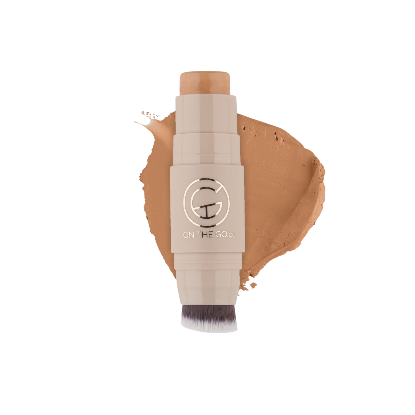 Makeup stick with a swatch of brown color on a white background