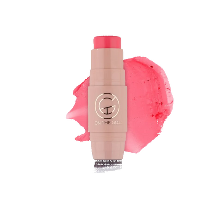 Makeup stick with pink shade on a white background